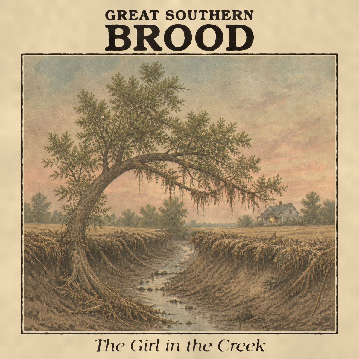 Album cover: a bent cottonwood growing out of a dry creek bed at dawn, weeds hanging from its branches and dead brush along both banks, with a farmhouse across the field and one window lit. Drawn like an old lithograph on cream paper.